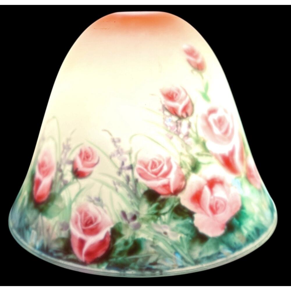 Vtg Reverse Painted Glass Lamp Shade ONLY Bell Shape 10 Inch Roses Floral